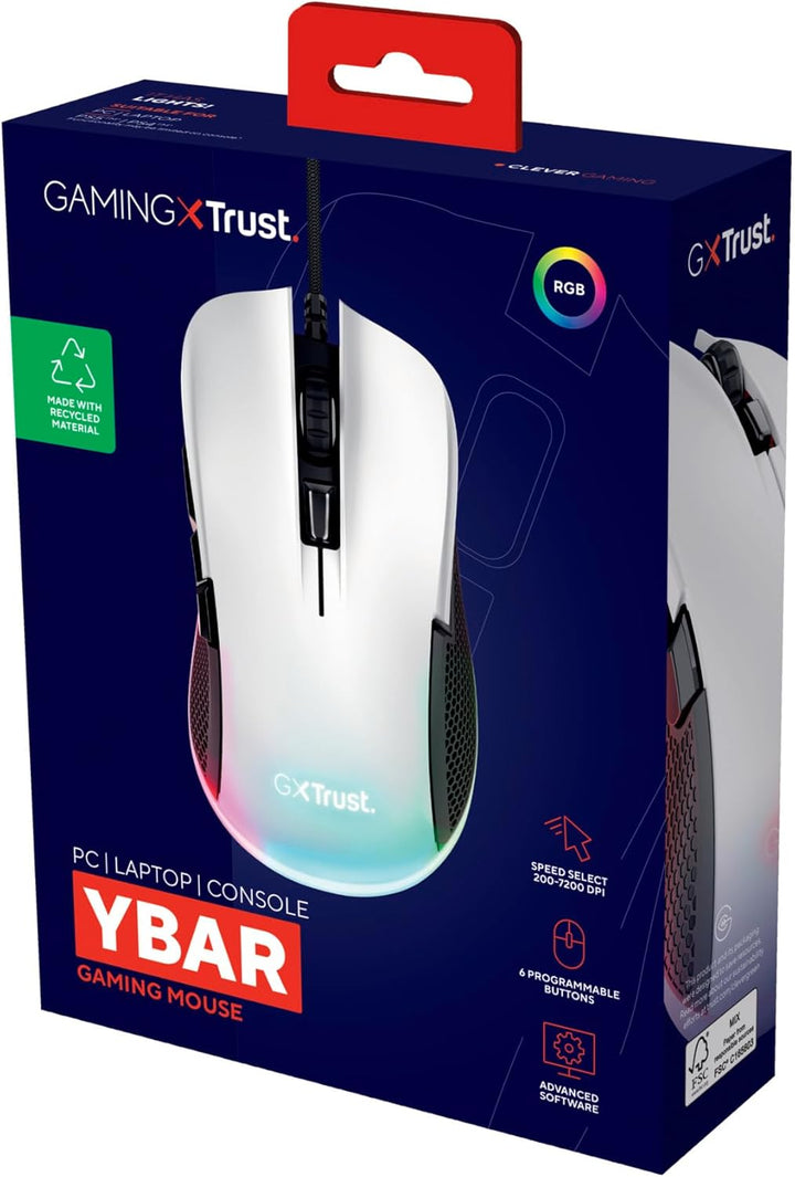 Trust Gaming GXT 922W Ybar Gaming Maus, 68% Recycelten Materialien, RGB LED-Beleuchtung, 6 Programmi