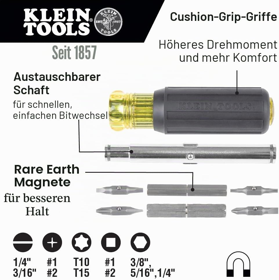 Klein Tools 32500MAG Magnetischer Multi-Bit-Schraubendreher/Steckschlüssel, 11-in-1 Multifunktionswe