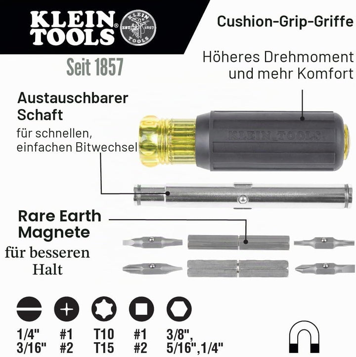 Klein Tools 32500MAG Magnetischer Multi-Bit-Schraubendreher/Steckschlüssel, 11-in-1 Multifunktionswe