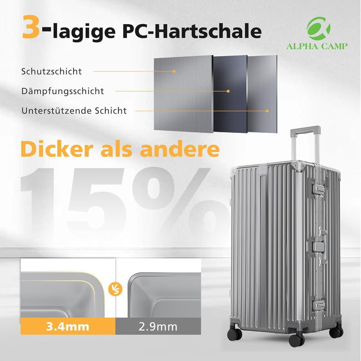 ALPHA CAMP Koffer XXL Aluminium Rahmen & Polycarbonat Hartschale mit TSA Schloss Reisekoffer 43x36x8
