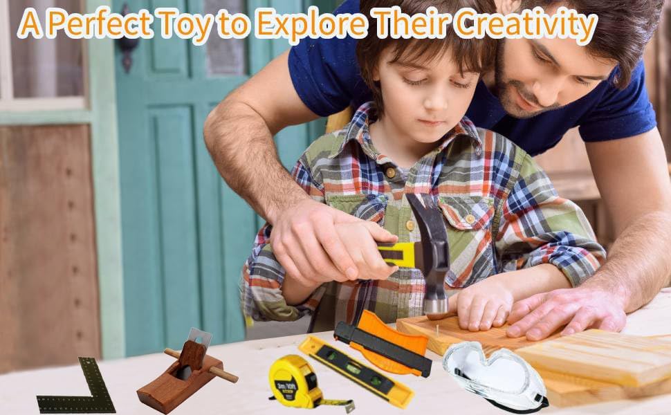 Kinder Werkzeug Set, Kinderwerkzeug mit Echte Handwerkzeuge, Anfänger Lernen Bauwerkzeug Spielzeug H