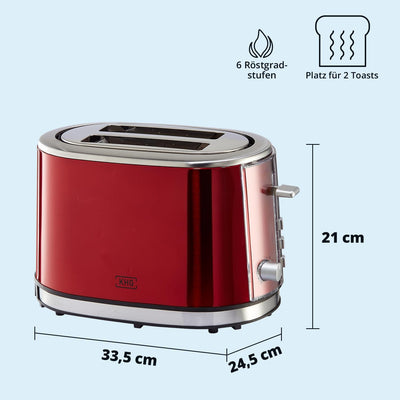 KHG Frühstücksset aus Wasserkocher & Toaster in Rot, Edelstahl Metallic Chrom, 1,7l Kapazität & 2 To