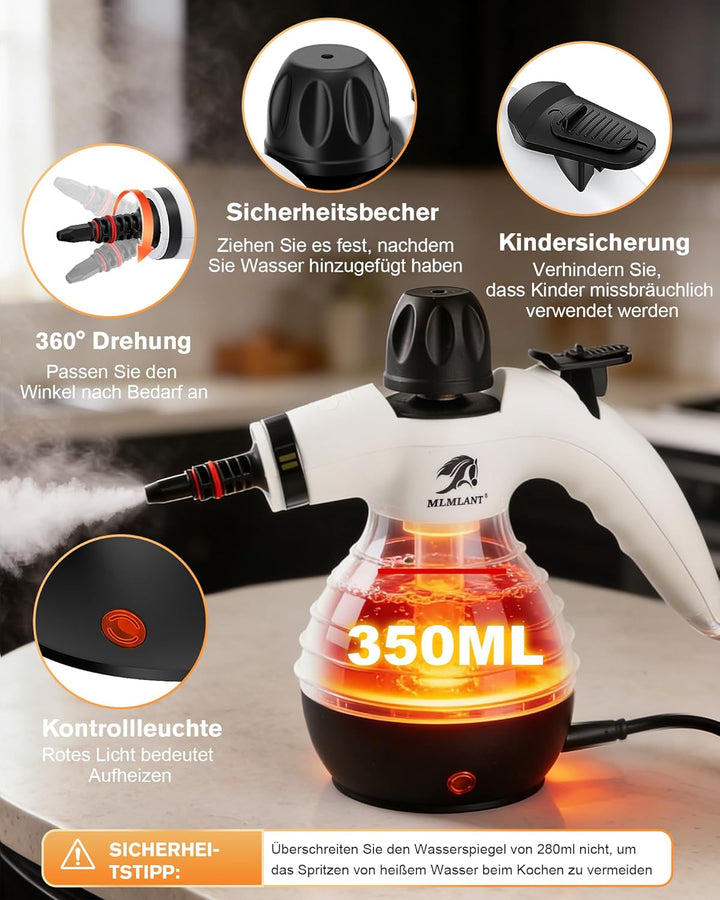 MLMLANT Handdampfreiniger Haushaltsreiniger mit Sicherheitsverschluss und 10 Zubehörteilen, geeignet