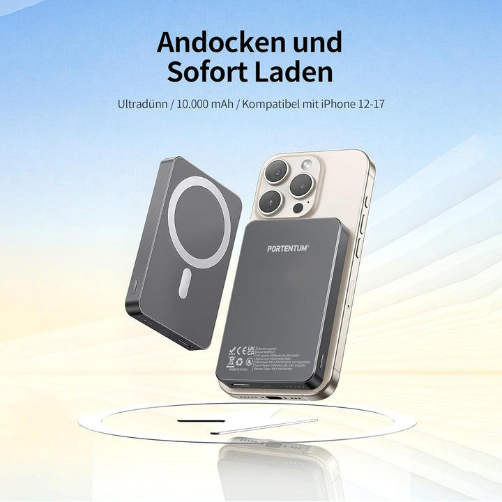 PORTENTUM Powerbank für Magsafe Schnellladefunktion 10000 mAh Ultra-Slim 14 mm – Power Bank magnetis