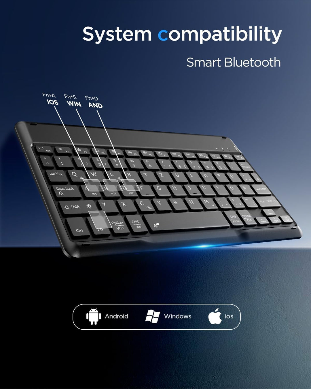 EasyAcc Bluetooth-Tastatur, Kabellose Bluetooth-Tastatur kompatibel mit Windows/Android/iOS, Tastatu