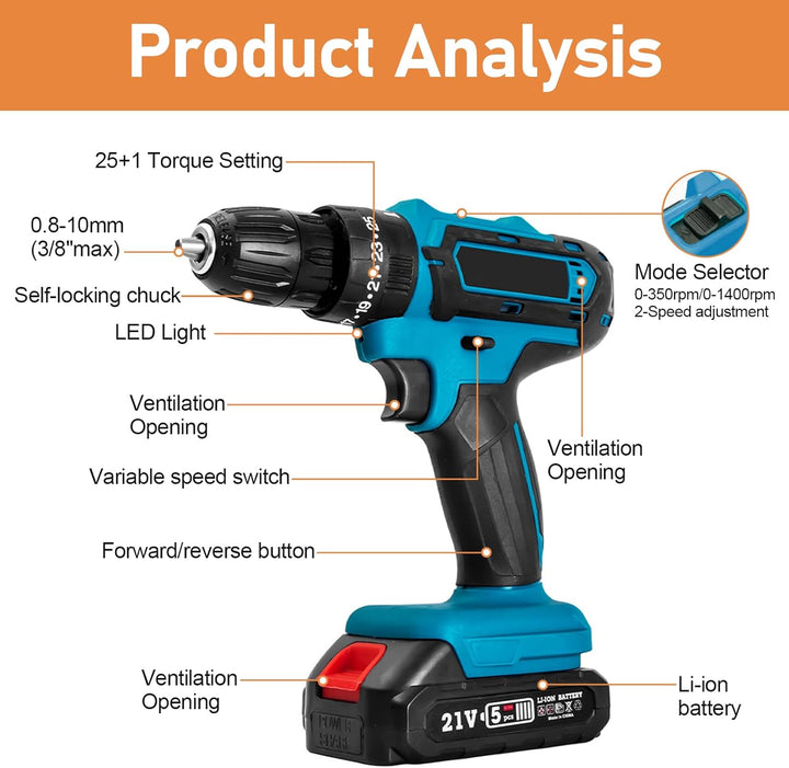 18V Akku Schlagbohrschrauber Set kompatibel mit Makita Akku, Akku Bohrmaschine mit 26tlg Zubehör Dri