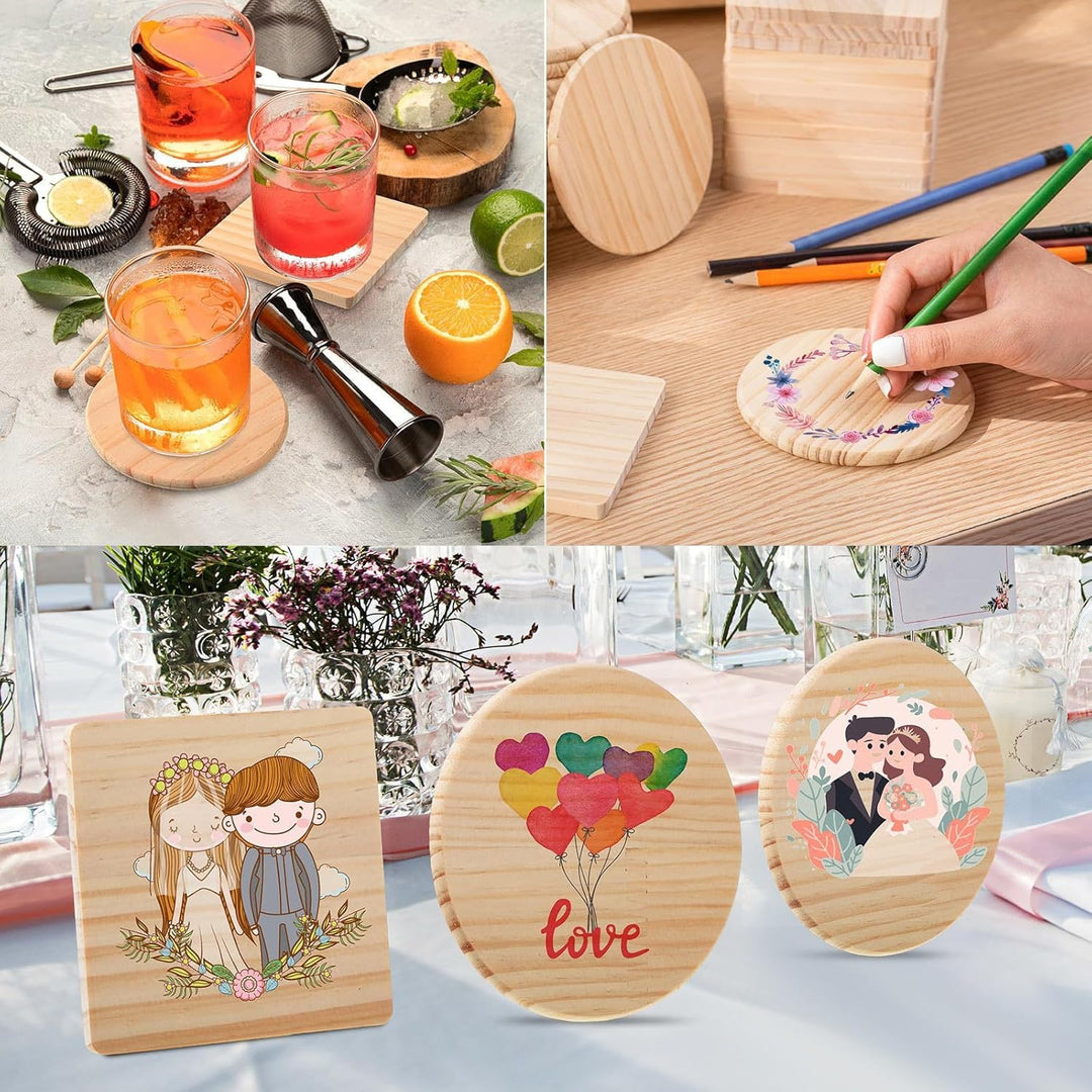 36 Stück Holzuntersetzer Blanko Set - 10cm Glasuntersetzer Holz Rohlinge (24 Eckig, 12 Rund) unbehan