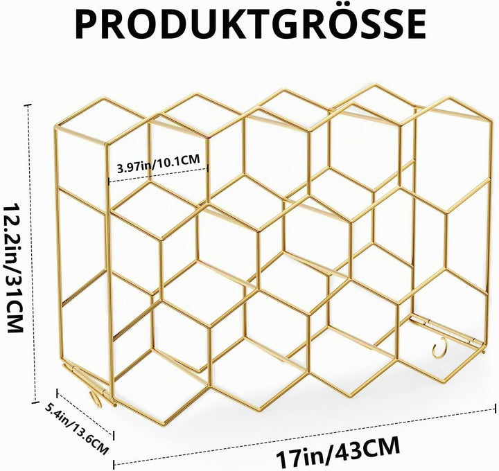 Urban Deco Weinregal für 14 Flaschen aus Metall, Flaschenregal Gold mit 2 Haken für 2 Weingläser, We