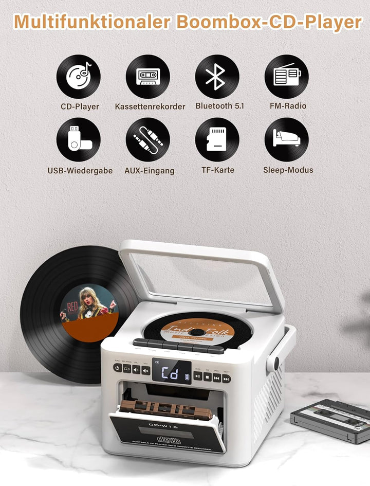 Boombox CD Player tragbar, CD-Player mit Kassettenspieler,UKW-Radio mit cd Player, 5000mAh wiederauf