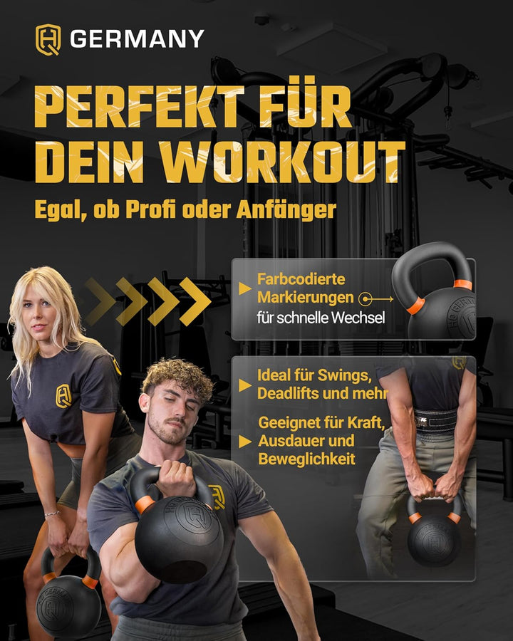 HQ Germany® Kettlebell Powdercoat [Pulverbeschichtung] - Kugelhantel 2-32kg | Vollguss ohne Schweiss