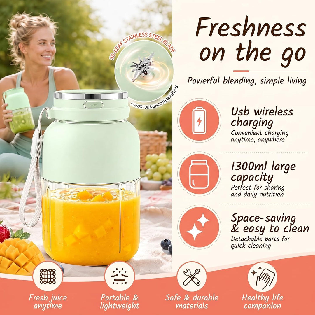 Tragbarer Mixer, 1300 ml Fresh Juice Mixer Flasche, Smoothie Maker to Go, Blender Bottle mit Auslauf