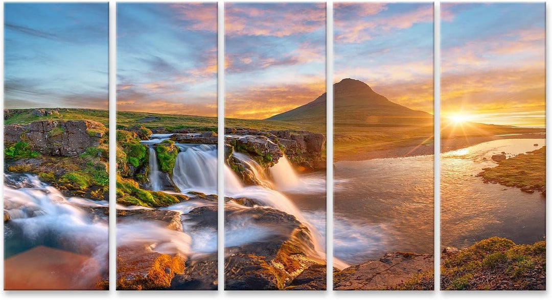 islandburner Bild auf Leinwand Schöne Landschaft Sonnenaufgang Kirkjufellsfoss Wasserfall Kirkjufell