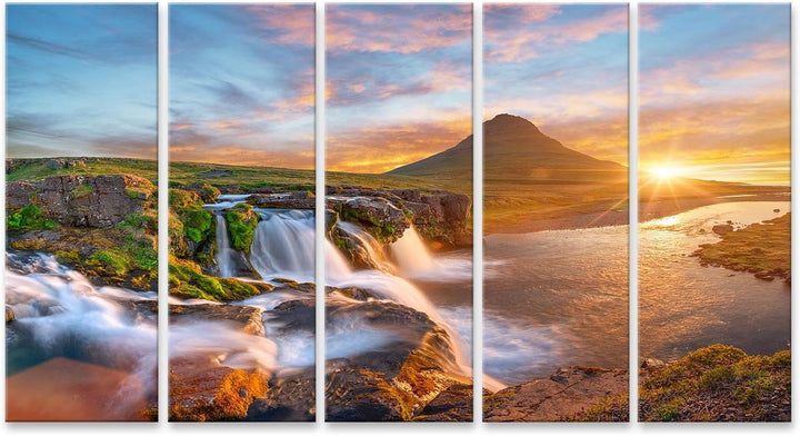 islandburner Bild auf Leinwand Schöne Landschaft Sonnenaufgang Kirkjufellsfoss Wasserfall Kirkjufell