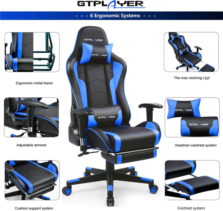 GTPLAYER Gaming Stuhl Gamer Stuhl mit Fussstütze Bluetooth Lautsprecher Ergonomischer Bürostuhl Comp