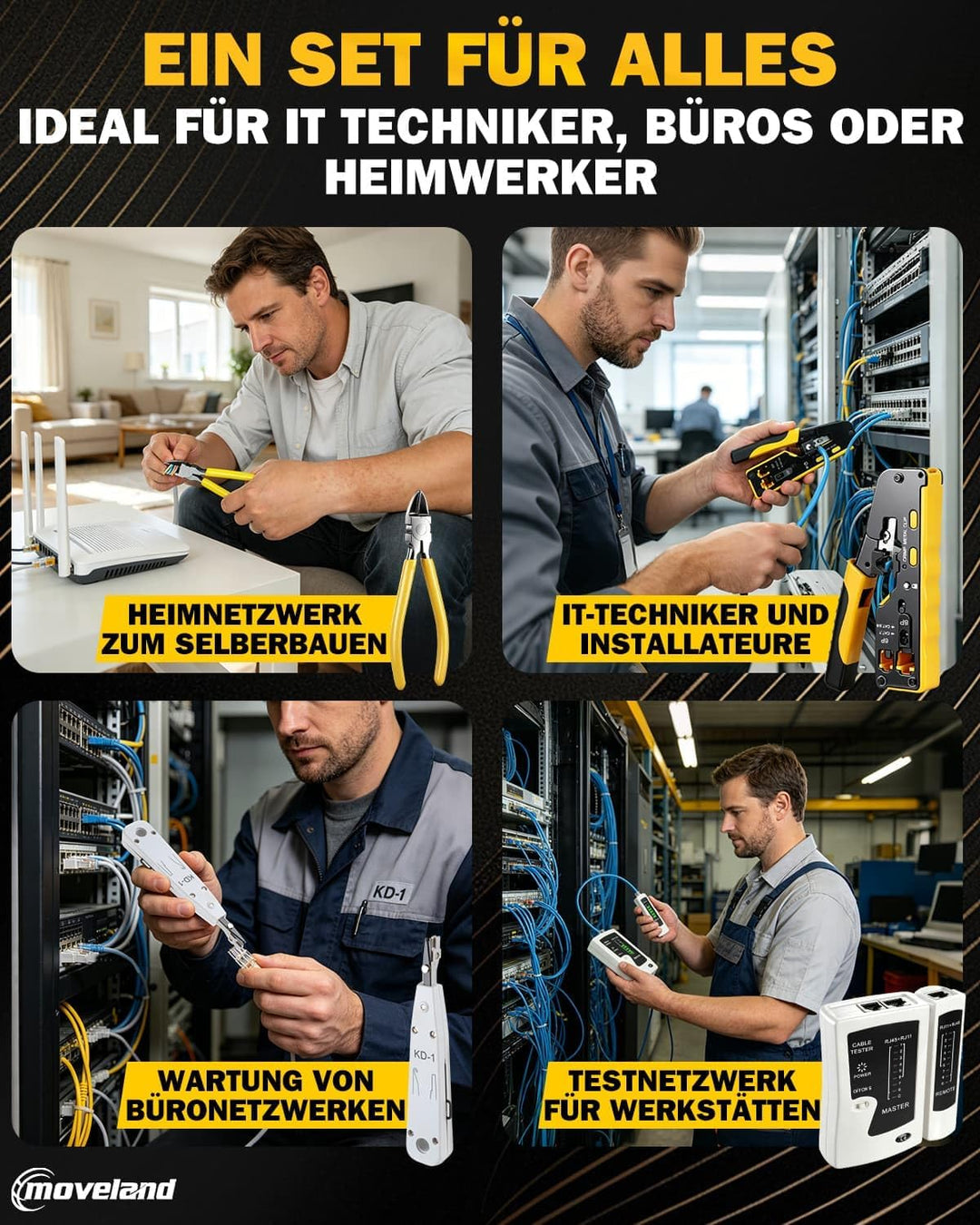 moveland Effizient Netzwerk Werkzeug Set - Rutschfest präzise RJ45 Crimpzange Pass-Through mit 15 x