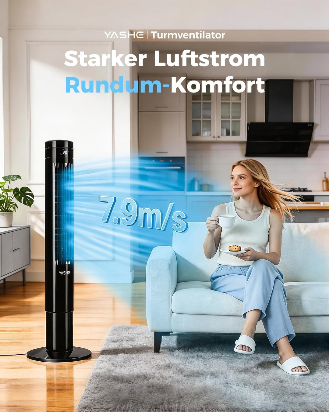 YASHE Leiser Turmventilator 110 cm mit Fernbedienung, 28 dB Säulenventilator ohne Flügel, 85° Oszill