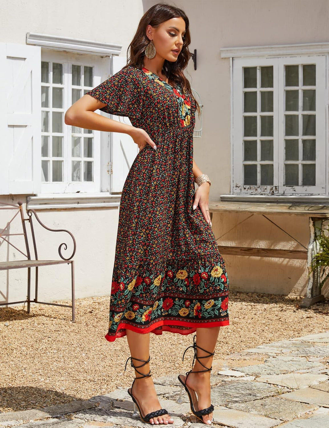 Clearlove Damen Sommerkleid Boho Kurzarm Midi Kleider V-Ausschnitt Strandkleid lang Blumenkleid Rüsc