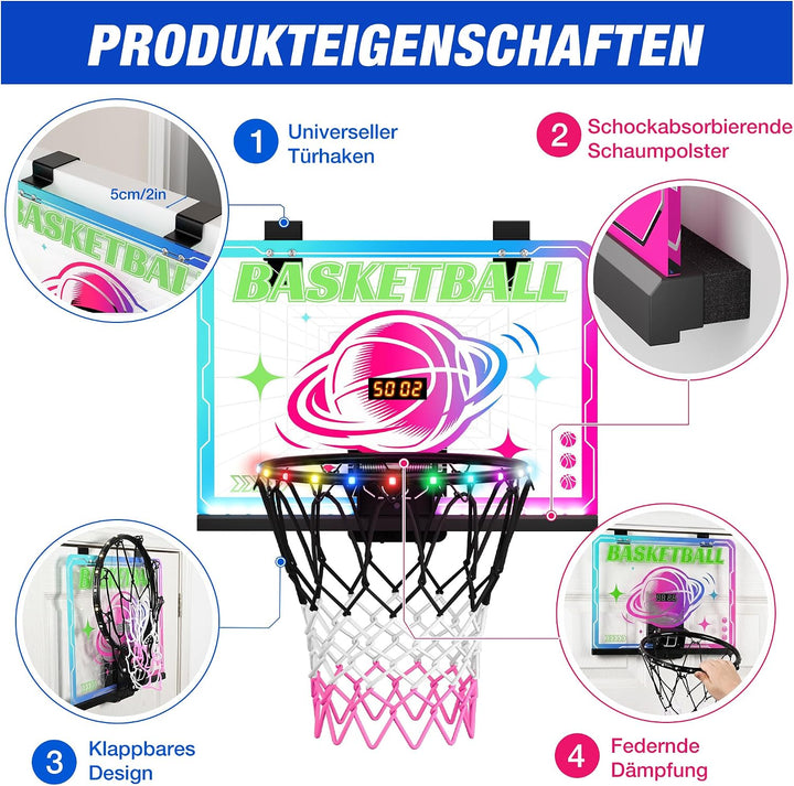 ROPODA Basketballkorb Indoor für Kinder, Mini Basketballkorb mit LED-Licht, Fernbedienung &amp; Anzeiget