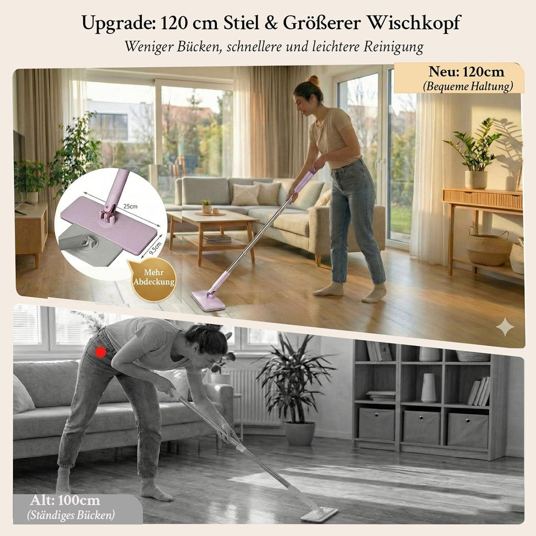 Wischmopp mit Klemm-System, 120cm Mopp mit Breitem Wischkopf (25cm), Wischer Mop ohne Händewaschen,