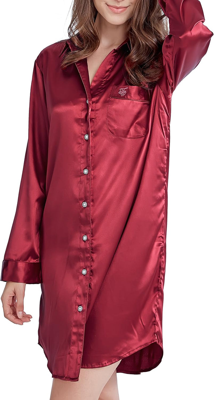 Nachthemd Damen, Satin Nachtkleid Langarm Nachtwäsche mit Knopfleiste Schlafhemd Freizeitkleidung Bu