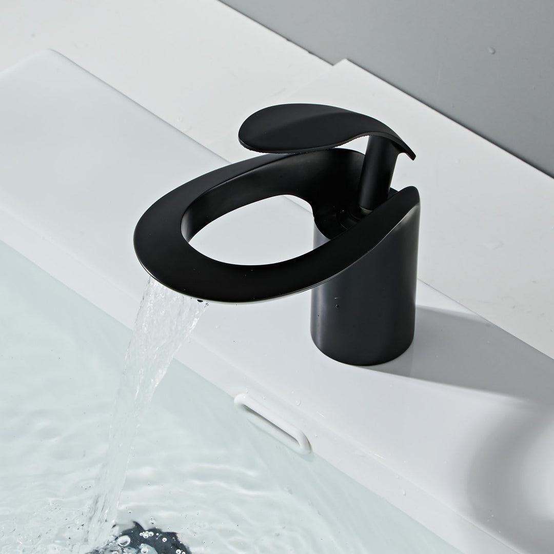 Badezimmer Matt Schwarz Wasserhahn Wasserfall Einzelgriff Ein Loch Waschbecken Eitelkeit WC Kreative