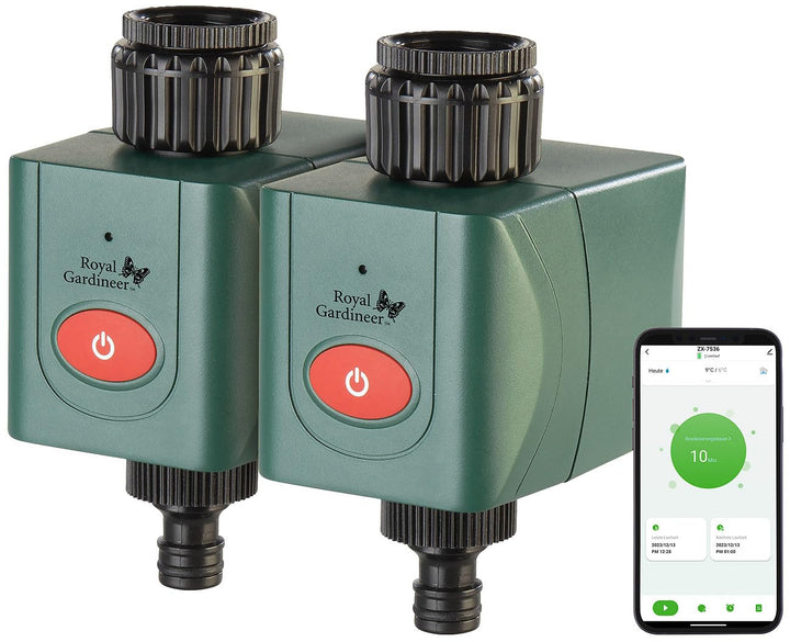 Royal Gardineer Elesion Bewässerung: 2er-Set WLAN-Bewässerungscomputer mit Ventil, App-Wetterdatenab