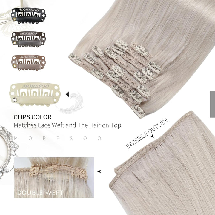 Moresoo Clip in Extensions Echthaar Blond Echthaar Extensions Clip Weissblond Remy Haarverlängerung