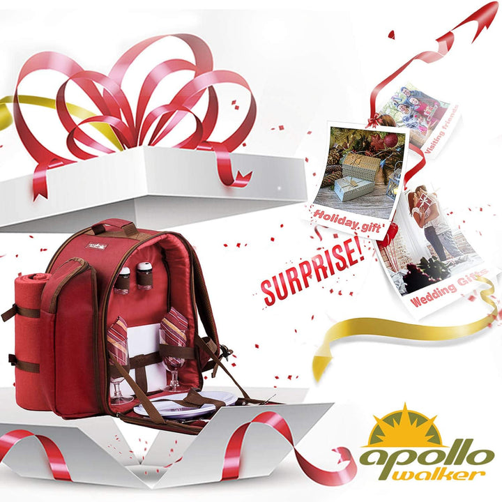 Apollowalker, roter Picknickrucksack für 2 Personen, Korb mit Kühltasche, inkl. Geschirr und, Rot