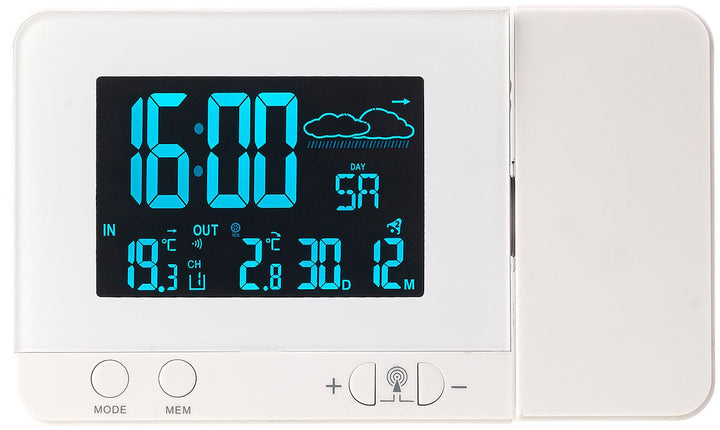 infactory Uhr mit Projektion: Funk-Wetterstation mit Projektions-Wecker, Aussensensor und USB, weiss