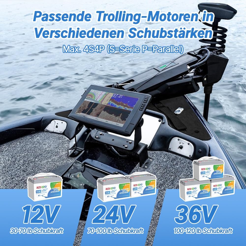 Redodo 12V 100Ah LiFePO4 Batterie mit 10A Ladegerät, Niedertemperaturschutz, Trolling-Motor Batterie