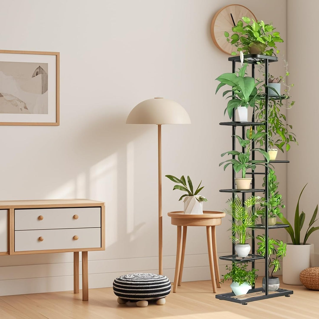 8 Etagen Blumenständer mit Rollen, Hoher Metall Pflanzenständer für 9 Töpfe, 142cm Blumenhalter Schw