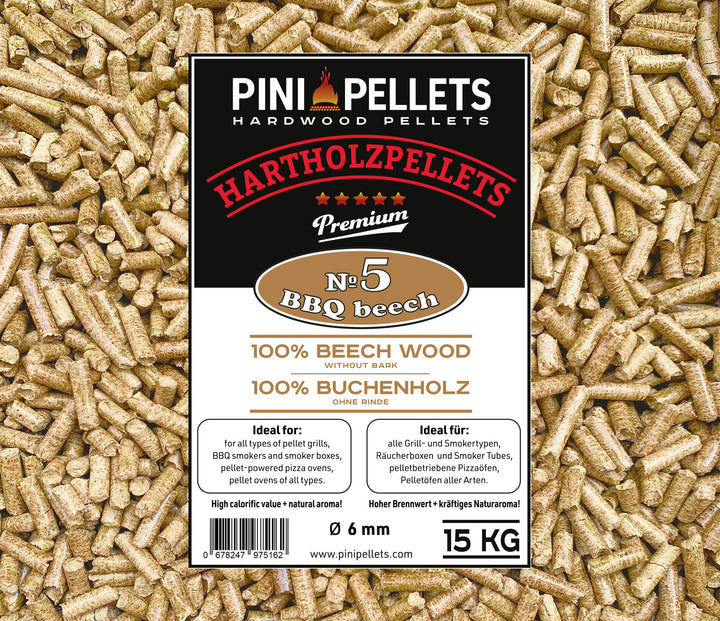 PINI Hartholz Pellets 100% Buche № 5 BBQ Beech 15 Kg Grillpellets zum Grillen Räuchern Smoken