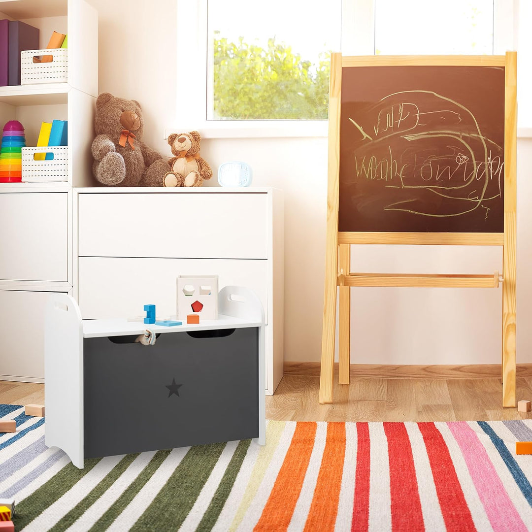 Relaxdays, Weiss-Grau Spielzeugtruhe für Kinder, Stauraum für Spielzeug, Sitzbank m. Deckel, HBT 47x