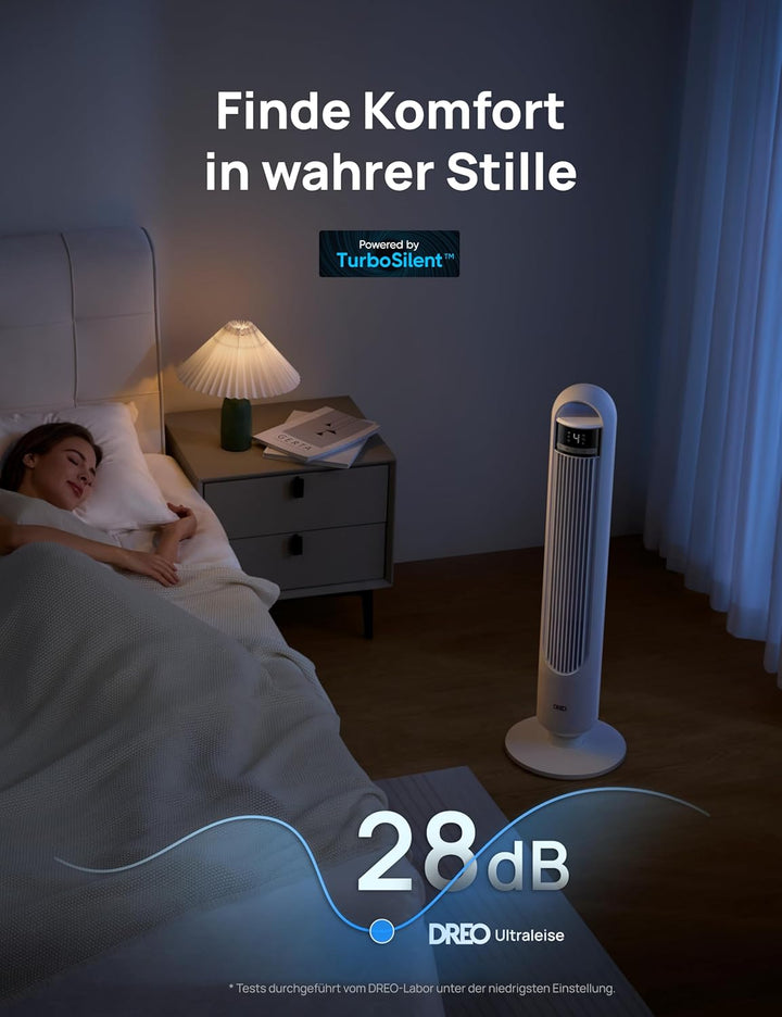 DREO Smart Turmventilator fürs Schlafzimmer, leiser Standventilator mit 28 dB, Luftreichweite bis 8,