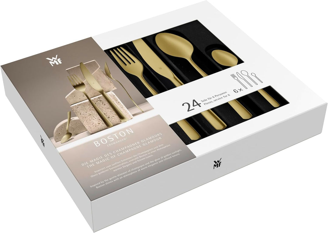WMF Boston Gold Besteckset, 24-teilig, 6 Speisen, Cromargan-Edelstahl, poliert, spülmaschinengeeigne