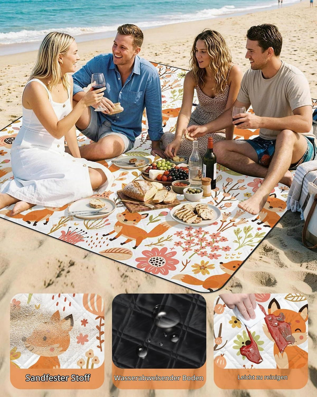 Kinder Picknickdecke Wasserdicht Faltbar, 200x200cm Tragbare Strandmatte Tier Maschine Waschbar, Gro