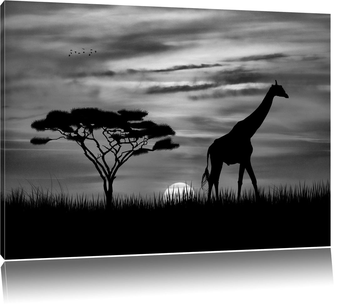 Pixxprint Giraffe im Sonnenuntergang als Leinwandbild | Grösse: 100x70 cm | Wandbild | Kunstdruck |