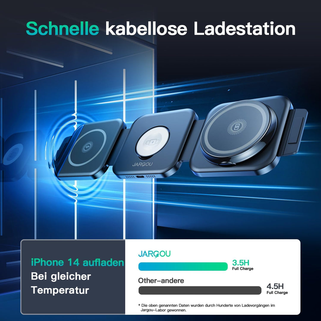 JARGOU 3-in-1-Kabelloses Ladegerät, Faltbare kabellose Reise-Ladestation für iPhone 16/15/14/13/12 S
