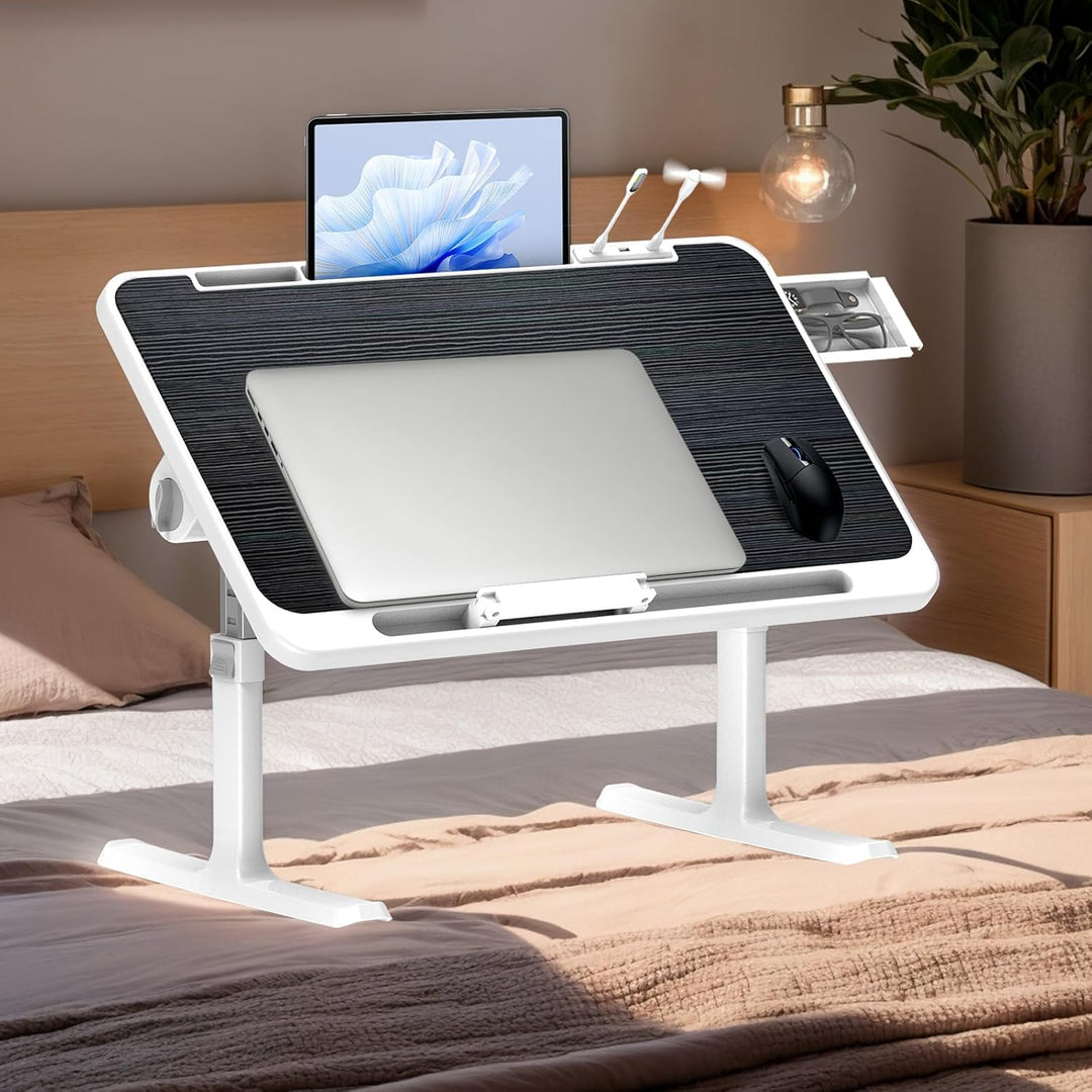 Klappbarer Laptoptisch mit Schublade, LED & Ventilator – Höhenverstellbarer Schreibtisch für Bett, S