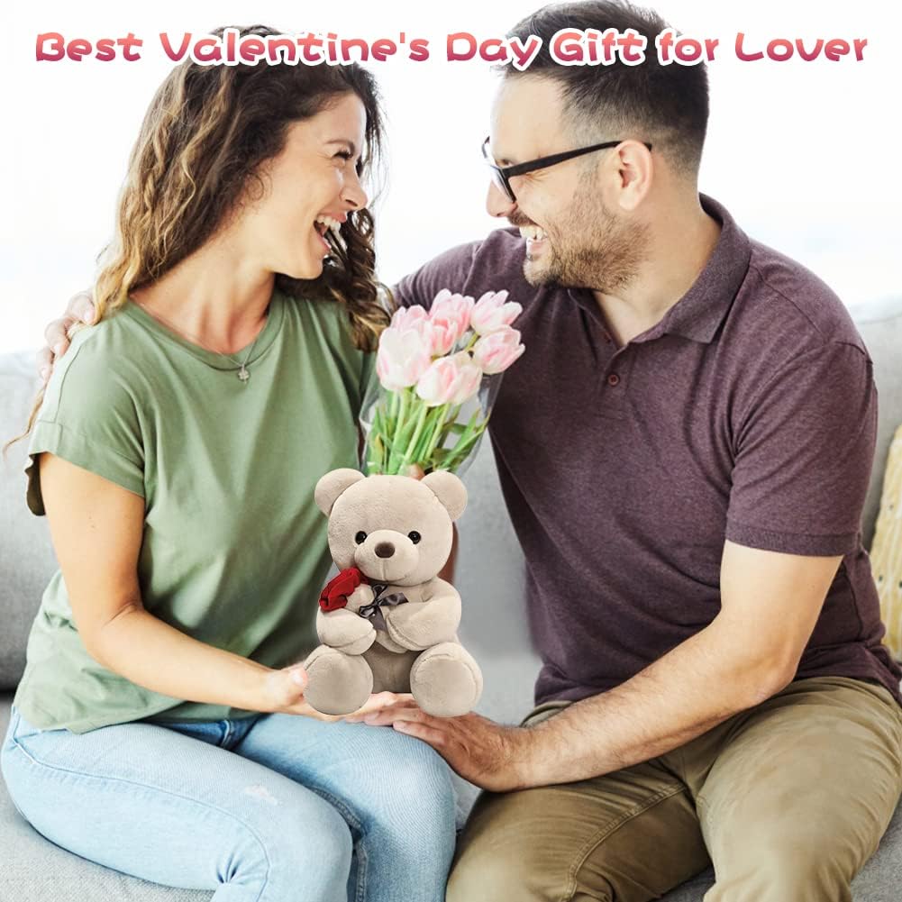 Teddybär, Plüsch-Bär, Teddy mit Rose, 23 cm Teddybären Rose Stofftier Spielzeug Dekozimmer Kissen, P