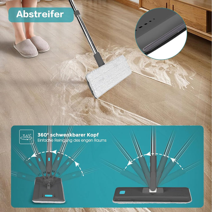 Masthome Wischmopp Set mit Eimer, Putzeimer mit Flachmopp und 6 Mikrofaser Wischpads, Edelstahl Grif
