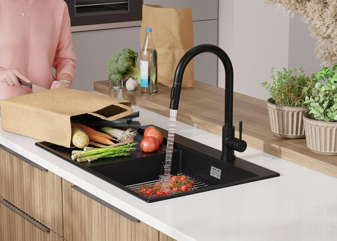 Granitspüle Schwarz 78x50cm, Spülbecken 1 Becken + Ablauf-Set + Küchenarmatur, Küchenspüle ab 60er U