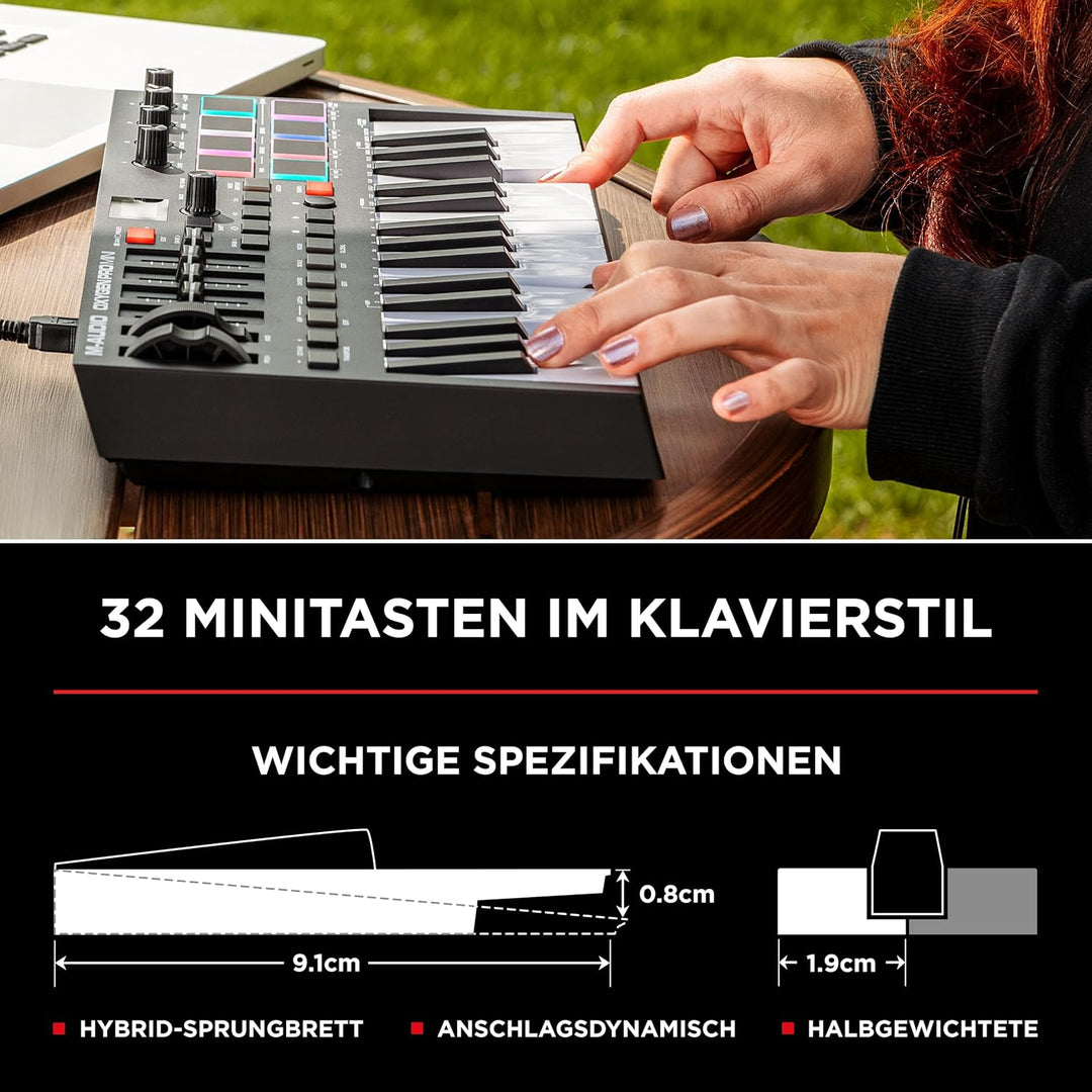 M-Audio Oxygen Pro Mini – 32-Tasten USB MIDI Keyboard Controller mit Beat Pads, MIDI-zuweisbaren Reg