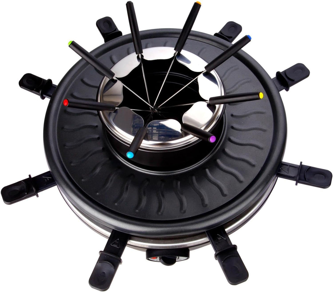 Syntrox Germany Raclette Wades 8 Personen, 1350W mit Fondue und Wechselplatten, Emailliertes Design