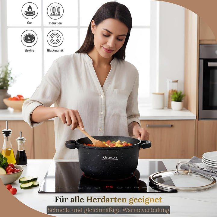 GOLDMANN Premium Gussaluminium Kochtopf 20 cm (2,3 L) – Keramik-Marmor Antihaft-Kasserolle mit Glasd