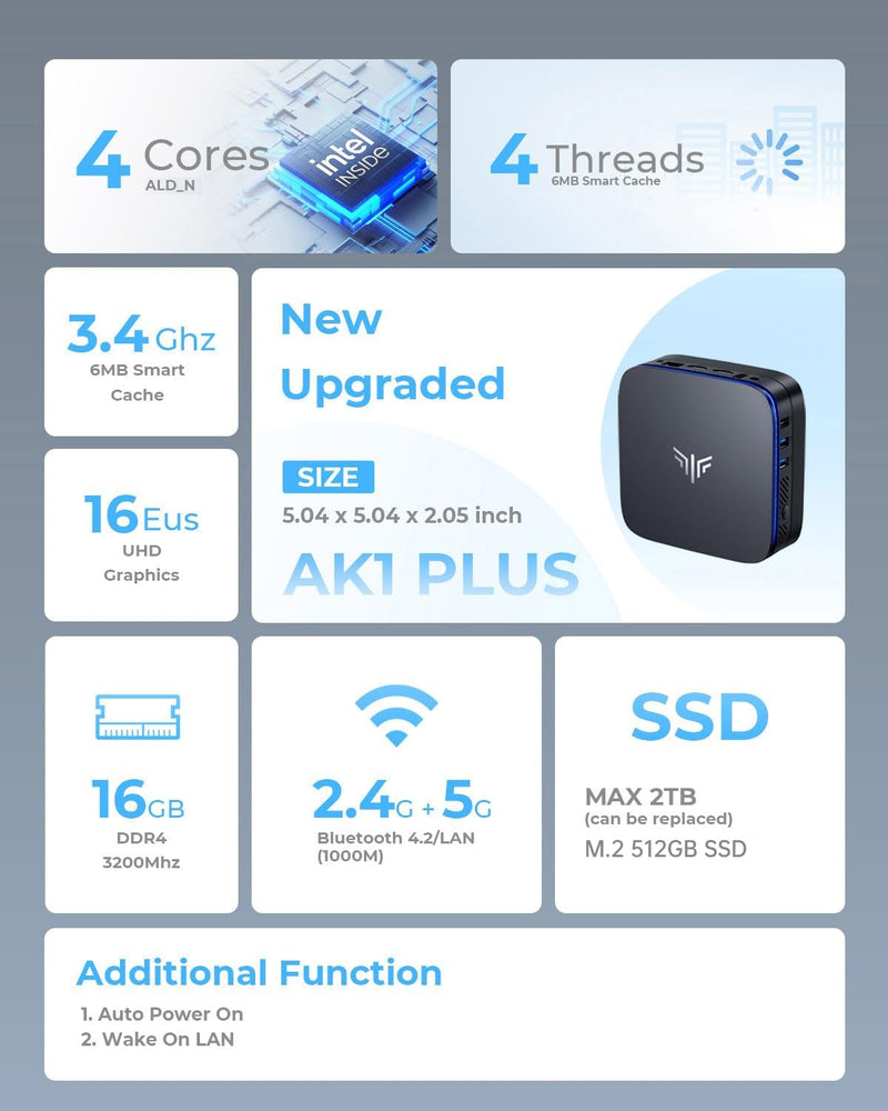 NiPoGi Mini PC 16GB DDR4 512GB SSD Alder Lake Ν95 (bis 3,4 GHz), Mini Computer Desktop, 2,5-Zoll SSD