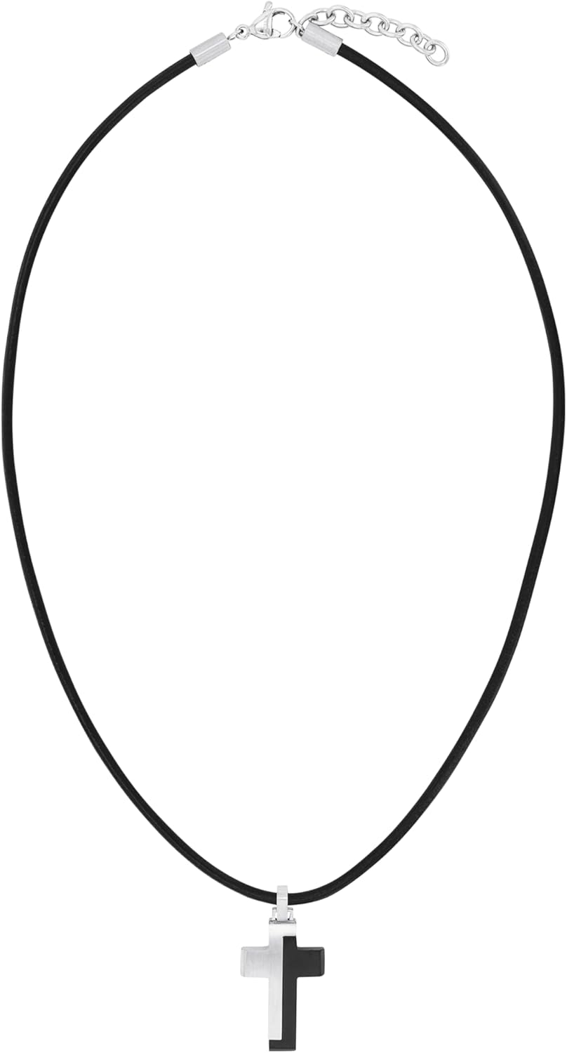 s.Oliver Kette mit Anhänger Edelstahl Leder Jungen Kinder Halsschmuck, 40+3 cm, Schwarz, Kreuz, Komm