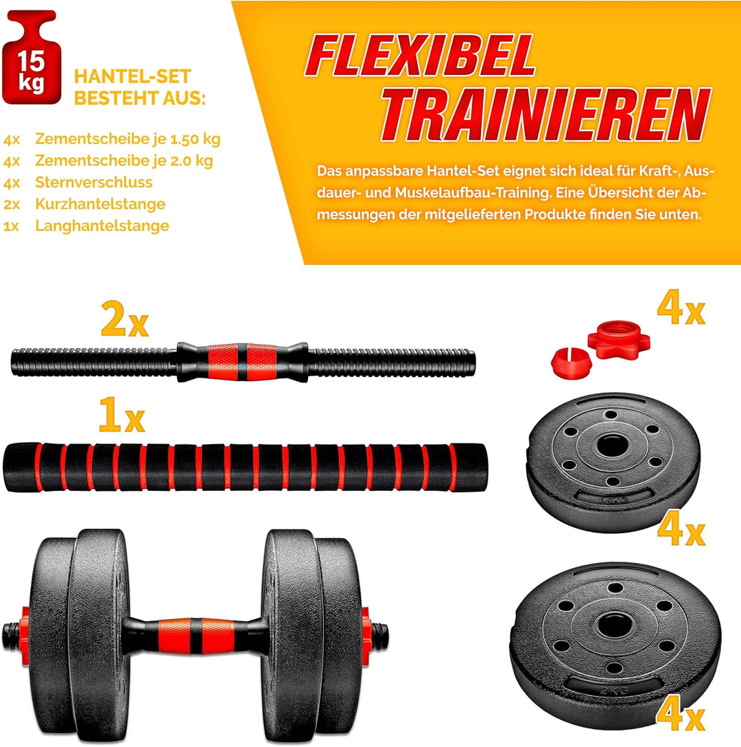RE:SPORT 2 in 1 Hanteln Set 15-30kg | Hantelset verstellbar | Kurzhantel & Langhantel | Sternverschl