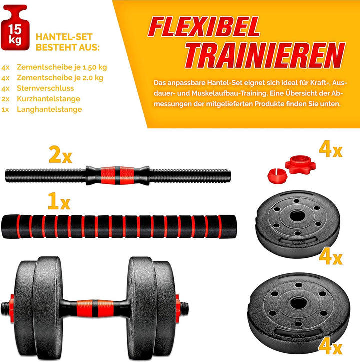 RE:SPORT 2 in 1 Hanteln Set 15-30kg | Hantelset verstellbar | Kurzhantel & Langhantel | Sternverschl