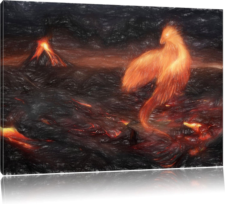 Pixxprint Brennender Phönix Vulkanlandschaft als Leinwandbild/Grösse: 100x70 / Wandbild/Kunstdruck/f